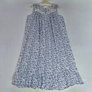 Eileen West LG Long Cotton Ballet Nightgown Sleeveless Lace Blue Floral Print